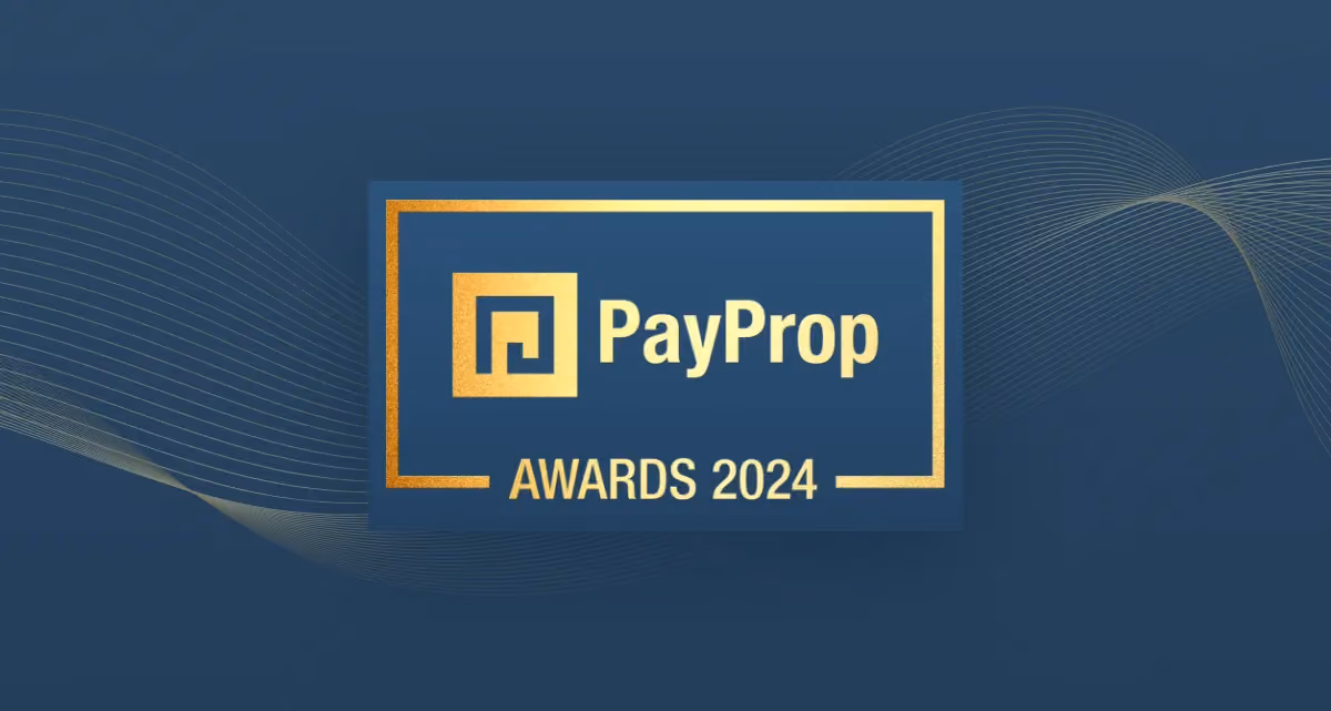 The gold PayProp Awards 2024 logo on a blue background
