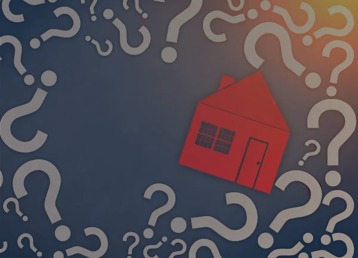 An illustration of a house on a blue background with question masks scattered all around
