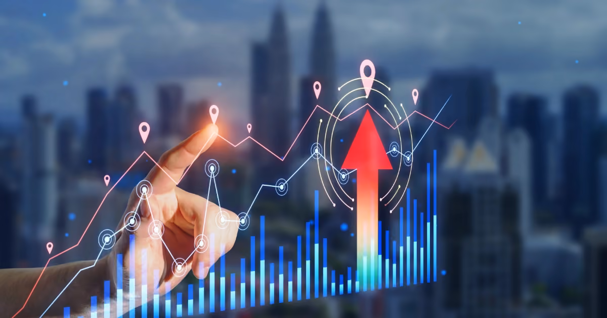 A graph superimposed over a city skyline