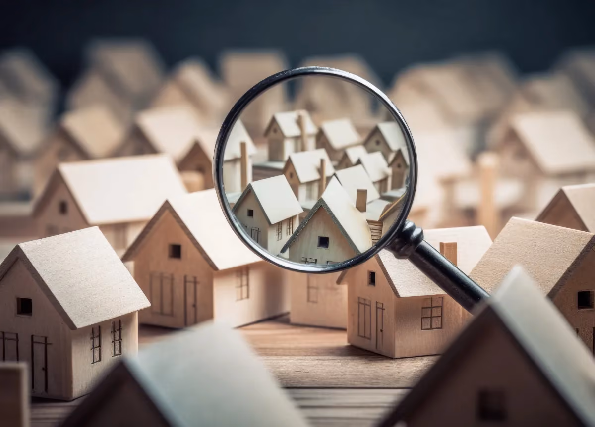 A group of model houses viewed through a magnifying glass