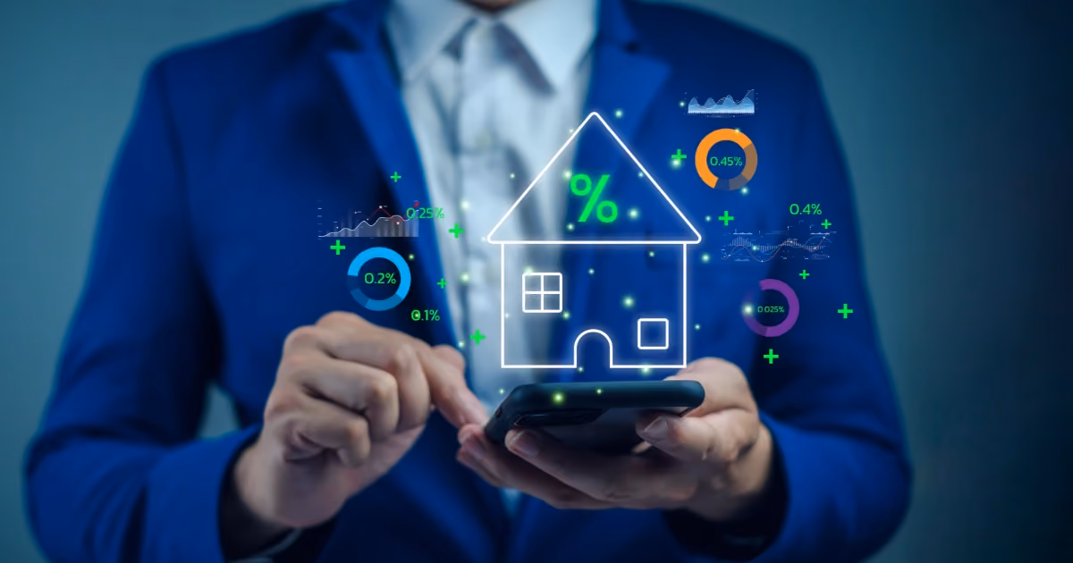 A person wearing a suit looking at their phone with graphs superimposed over the top
