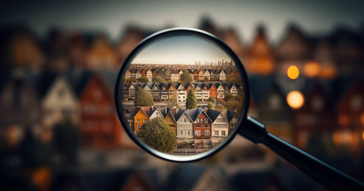 A group of houses viewed through a magnifying glass