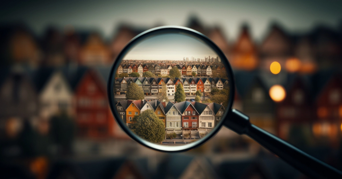 A group of houses viewed through a magnifying glass