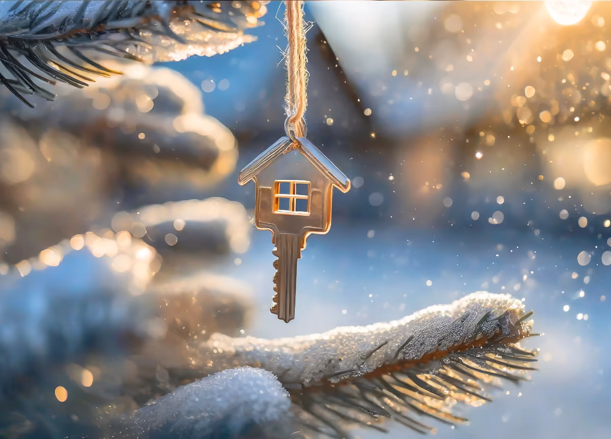 House shaped key hangs like ornament on Christmas tree