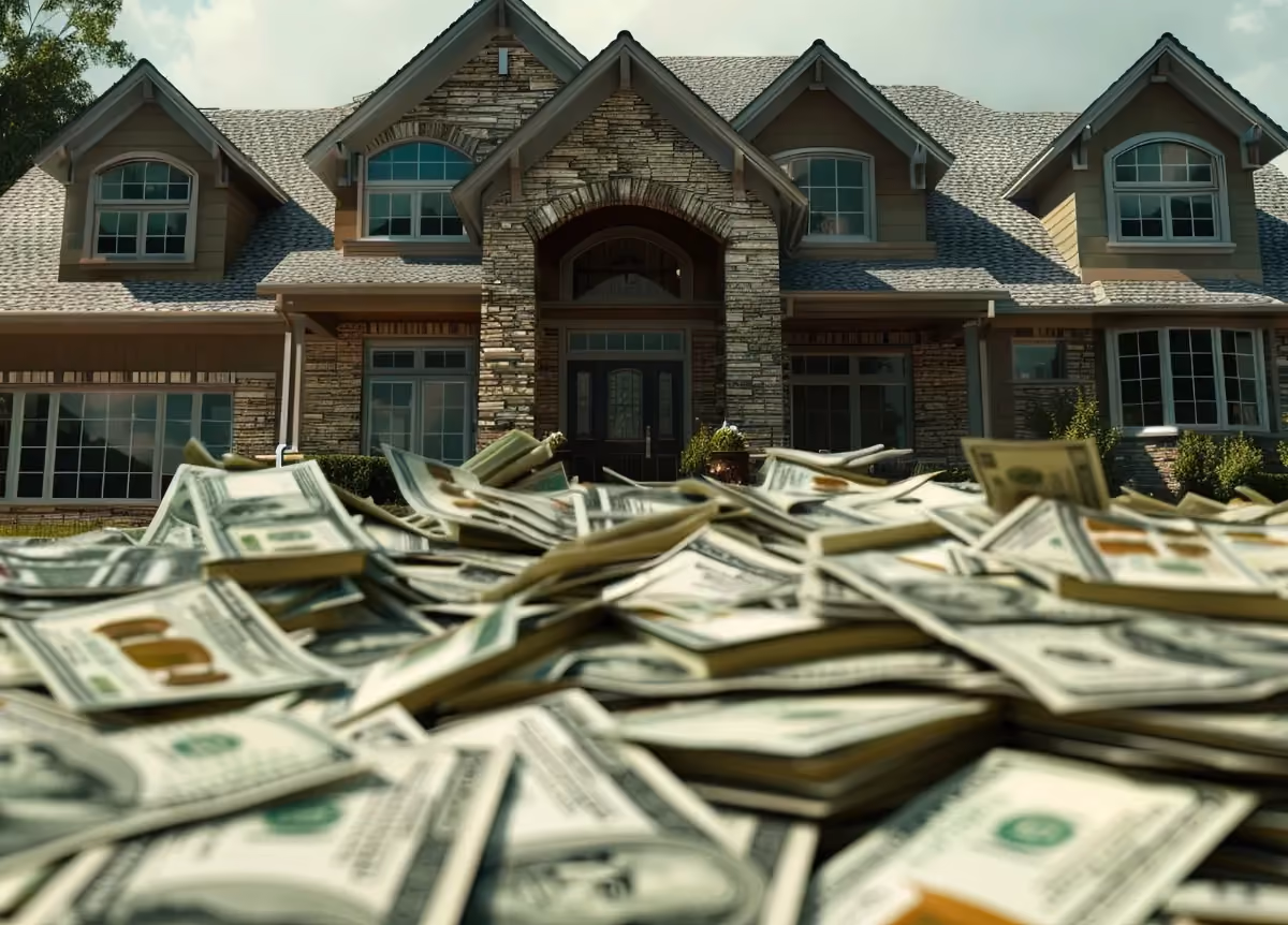A pile of money in front of a house