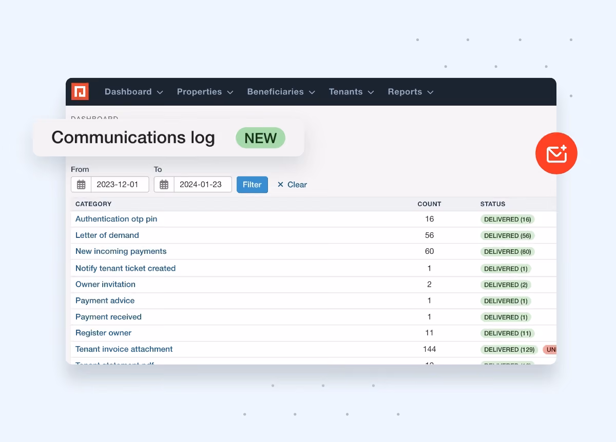 A screenshot of PayProp's communications log feature