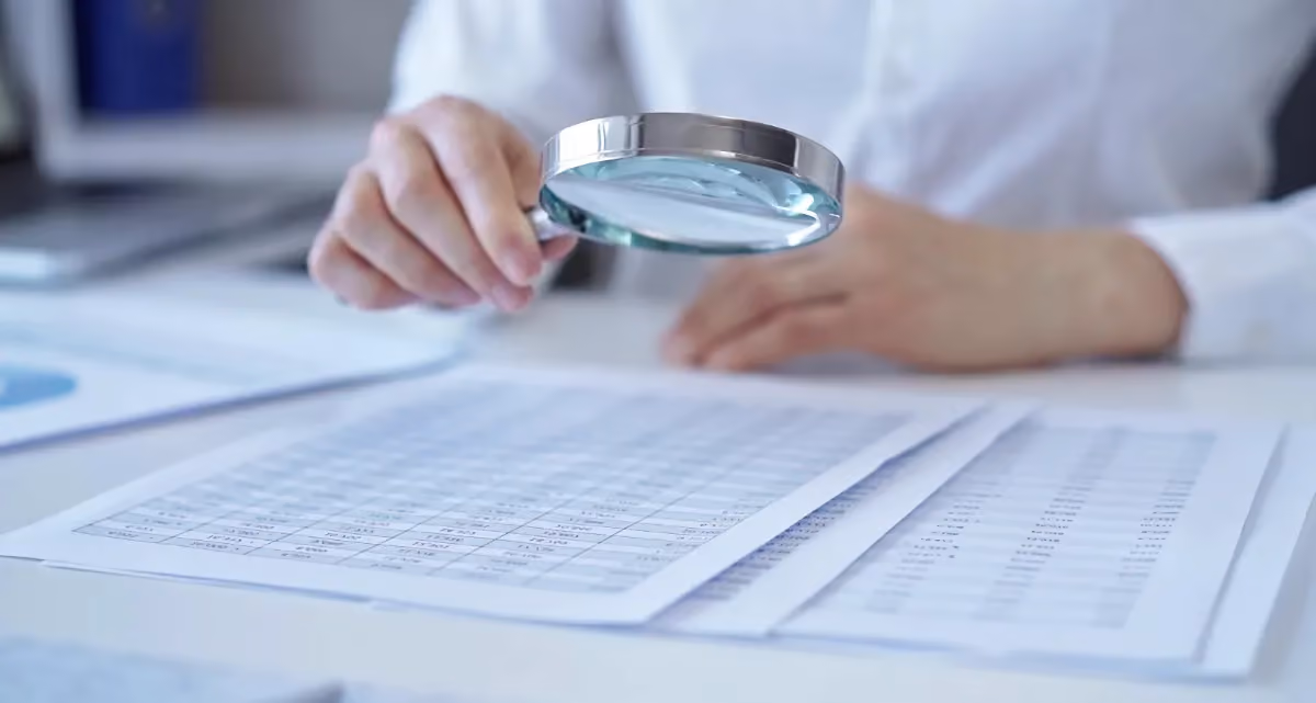 A person looking at a spreadsheet through a magnifying glass