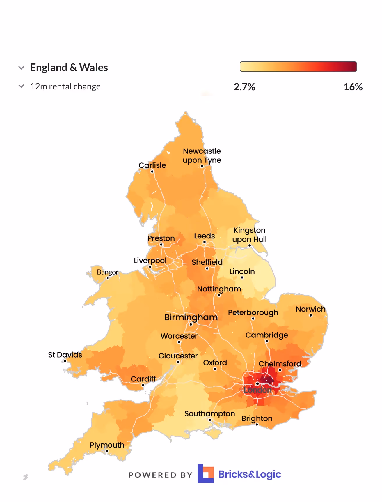 A map of rental growth in England and Wales over the last year