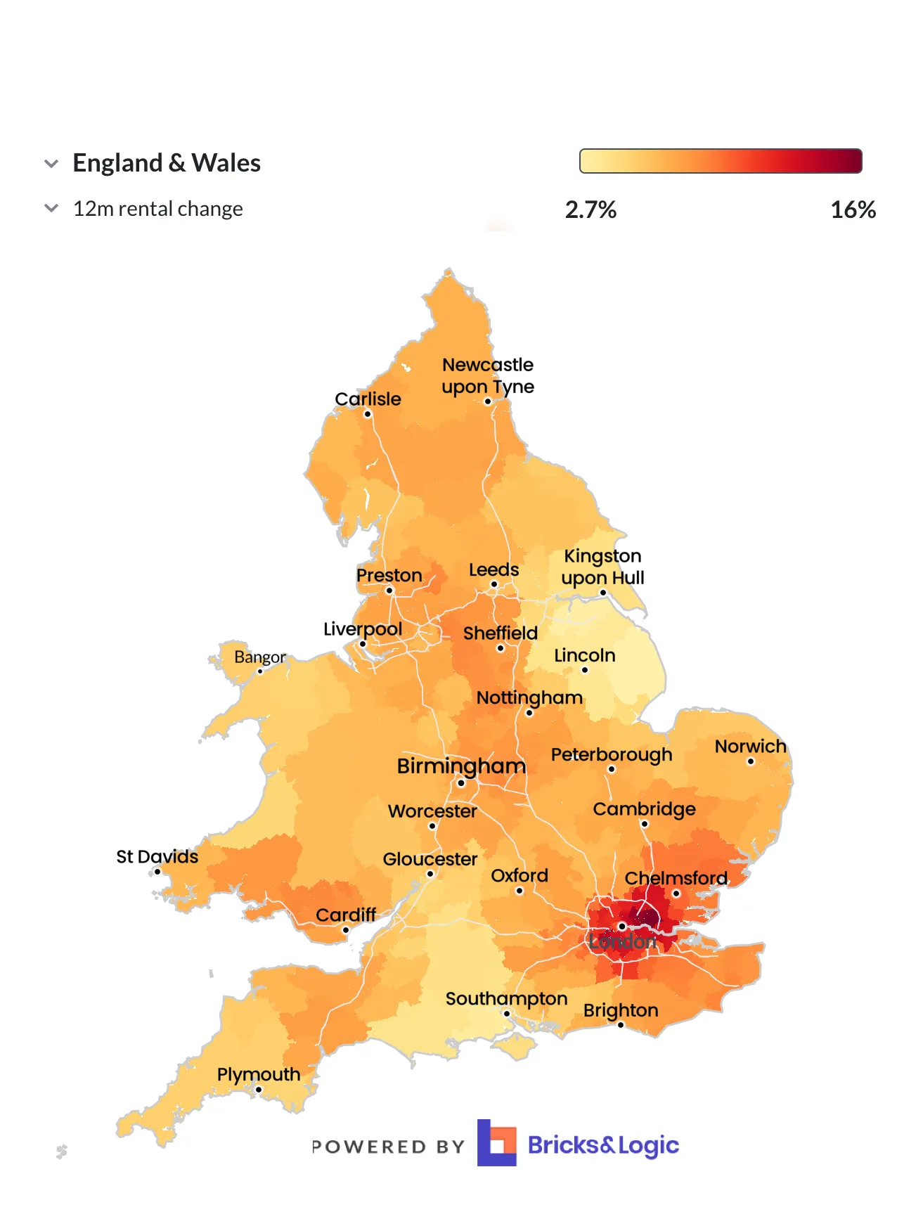 A map of rental growth in England and Wales over the last year