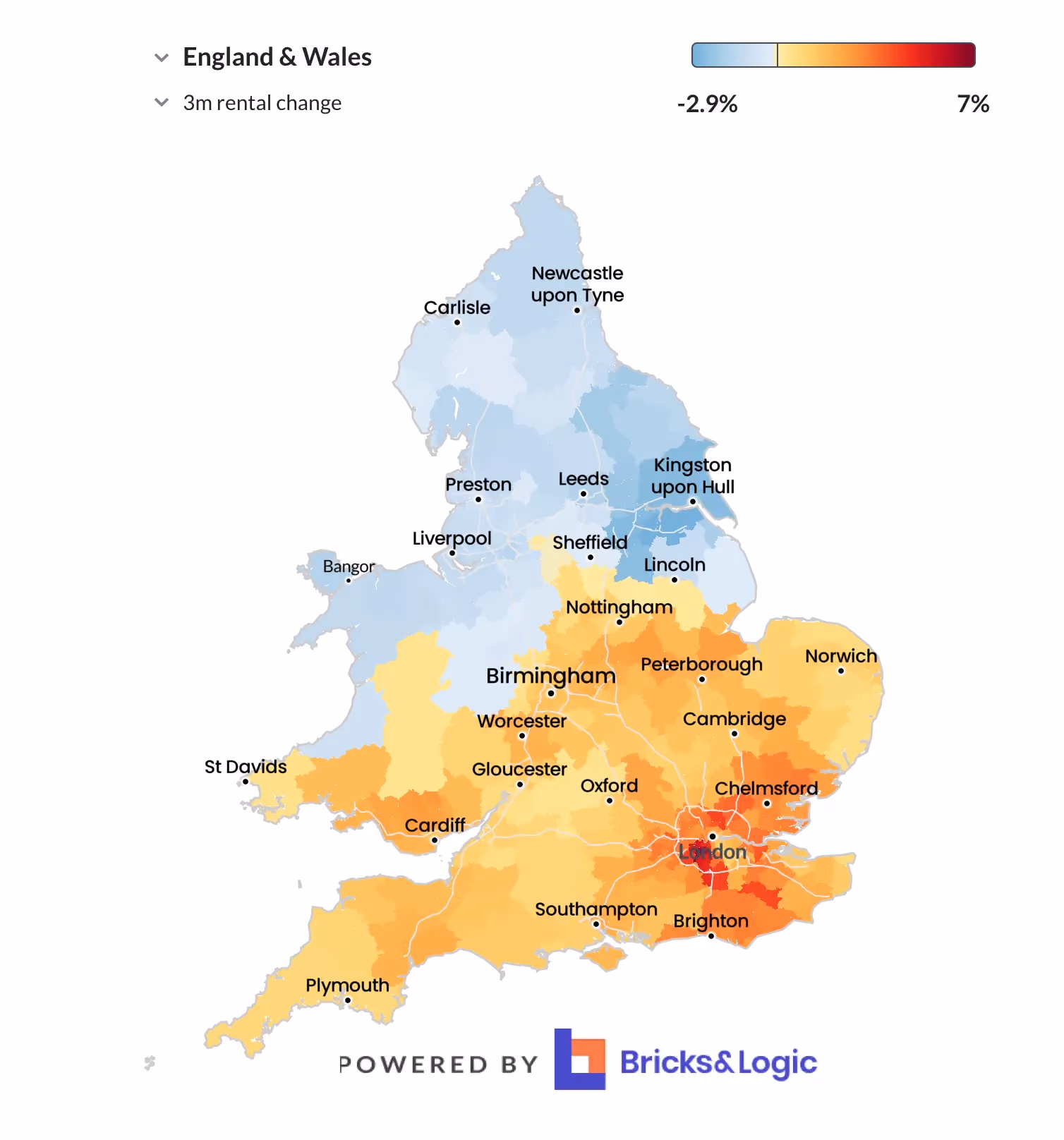 A map of rental growth in England and Wales over the last three months