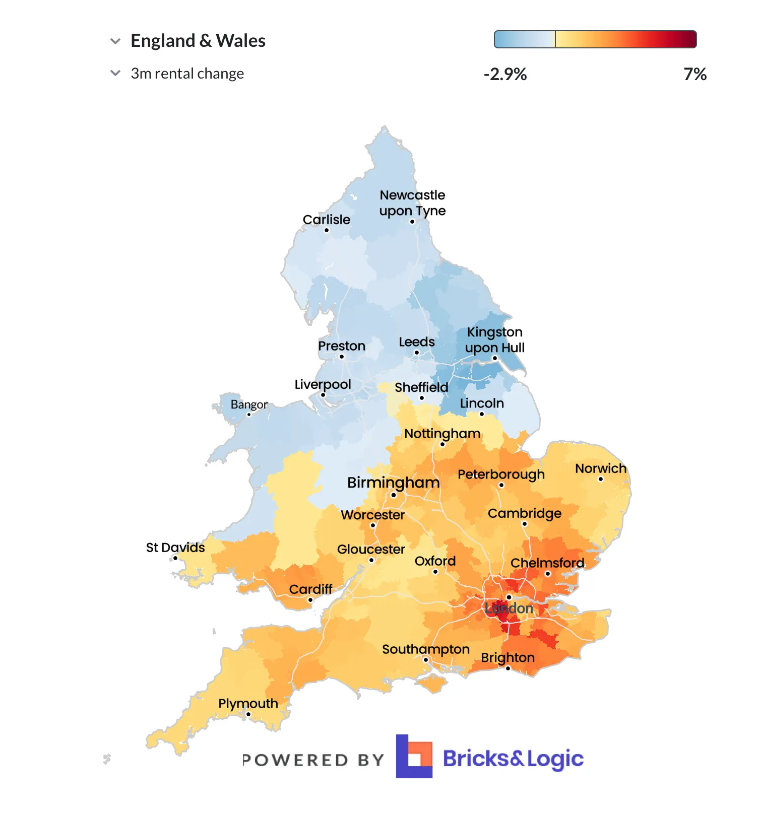 A map of rental growth in England and Wales over the last three months