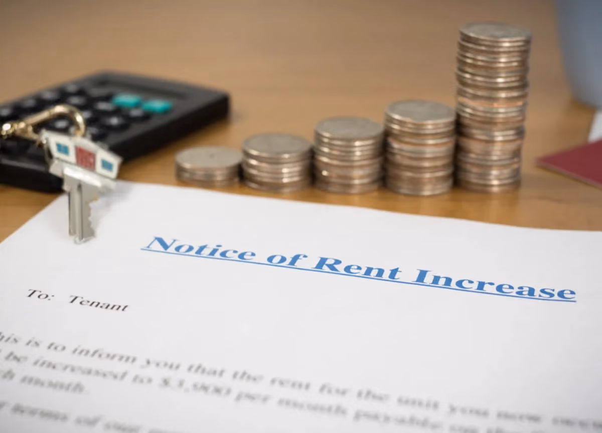 A stack of coins showing a calculator with a bunch of keys on a desk together with a rent increase notice letter