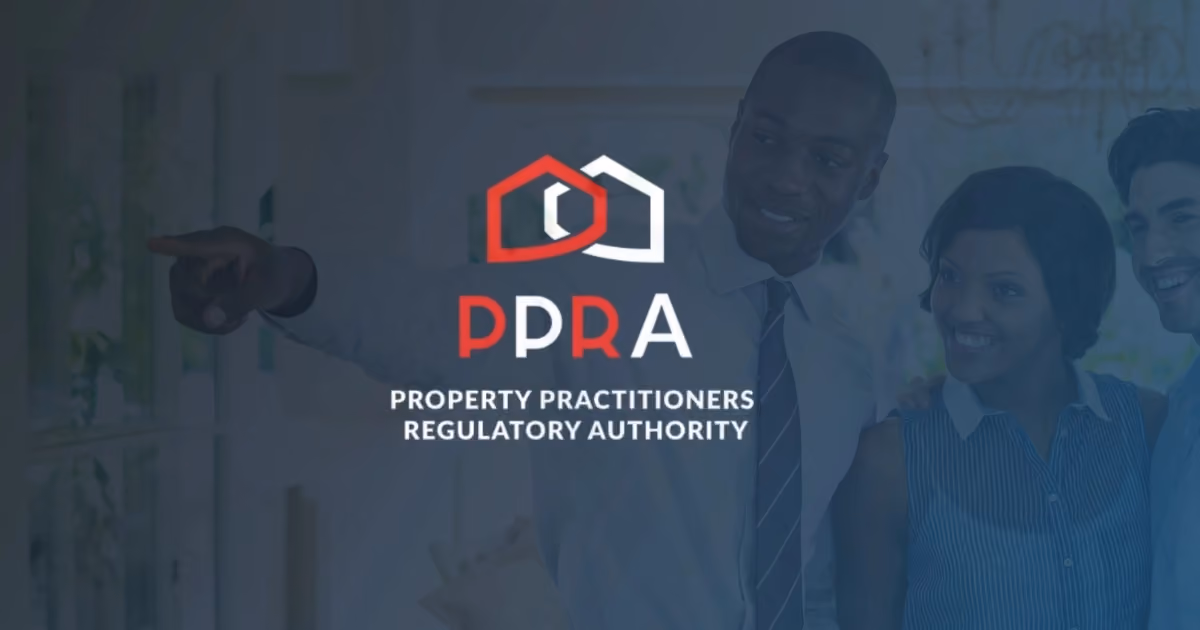 An estate agent showing a house to a couple, with the PPRA logo over the top