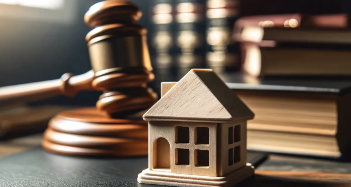 A gavel next to a model house