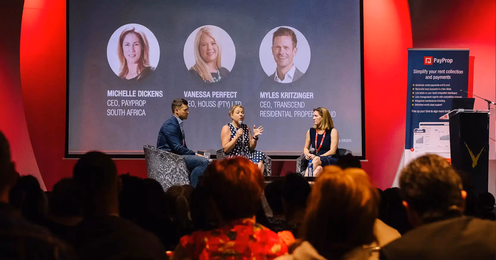 Michelle Dickens, Vanessa Perfect and Myles Kritzinger on stage at the PayProp Roadshow 2023