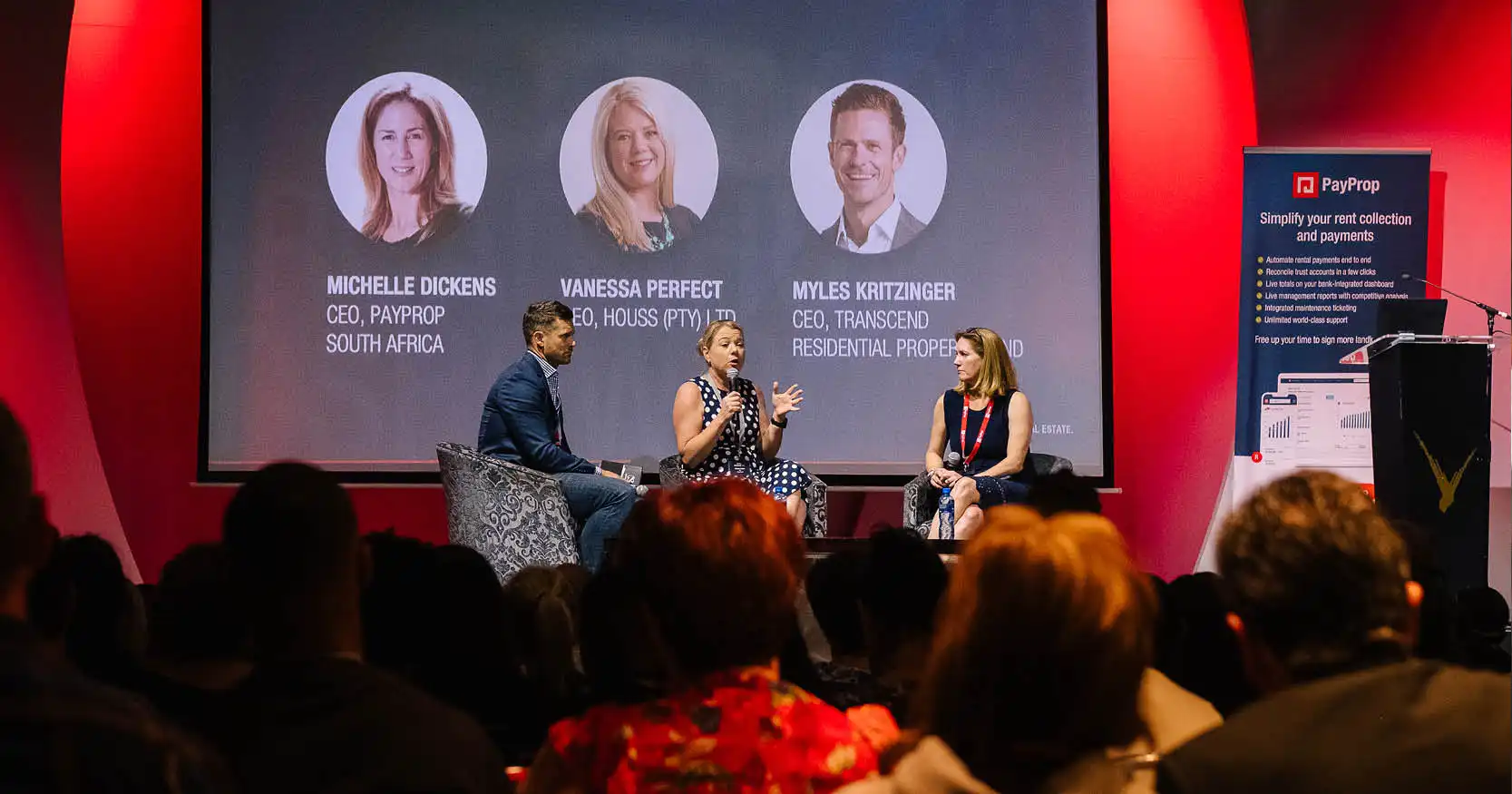 Michelle Dickens, Vanessa Perfect and Myles Kritzinger on stage at the PayProp Roadshow 2023