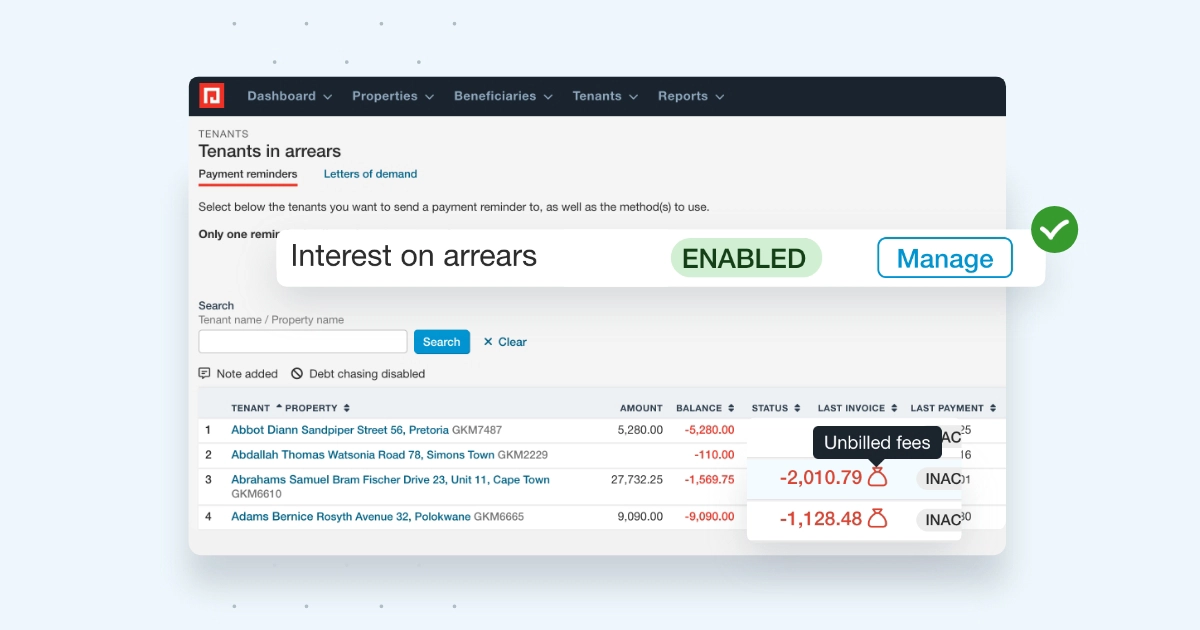 A screenshot of the PayProp dashboard showing tenants in arrears