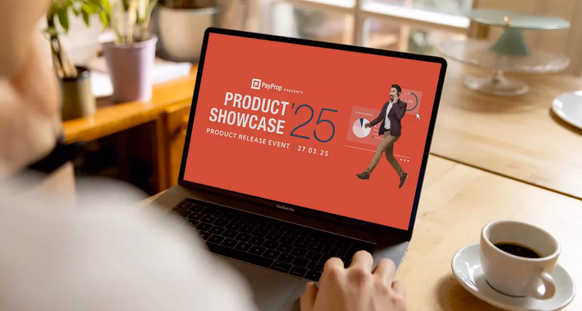 A banner for the PayProp Product Showcase '25 on a laptop screen