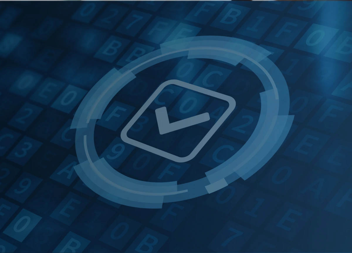 Light blue checkmark overlayed on top of dark blue background