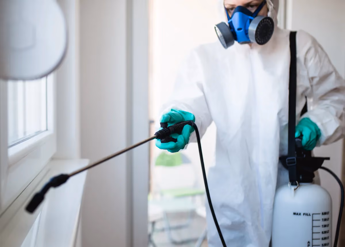 Exterminator in work wear spraying pesticide with sprayer