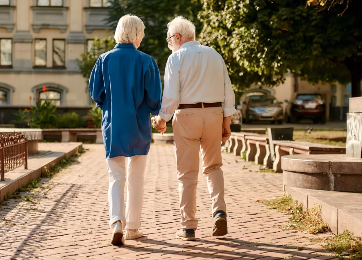 Back view of elderly couple holding hands while walking together outdoors