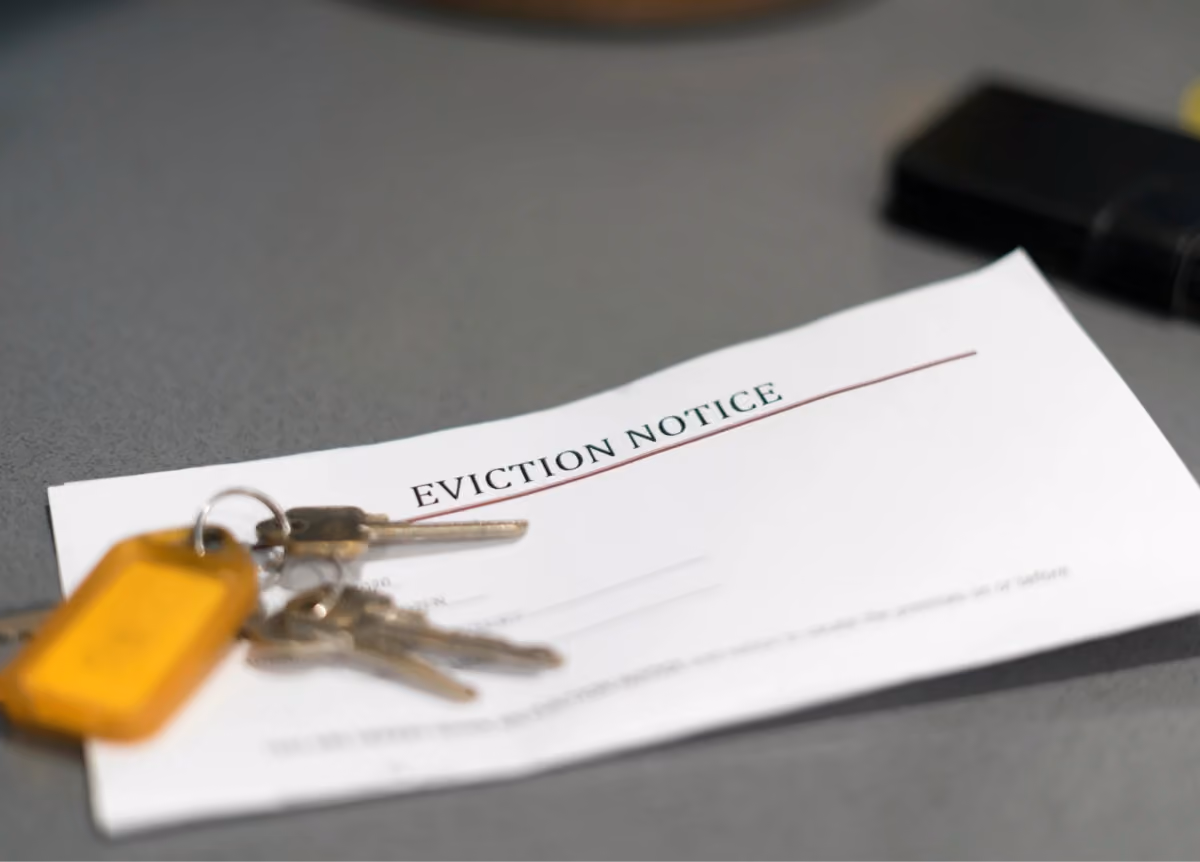 House keys sitting on an eviction notice.