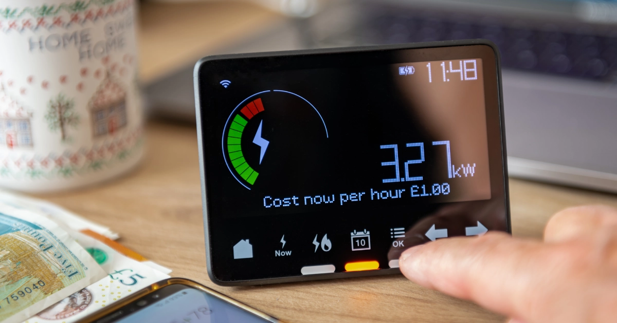 A smart meter sitting on a kitchen table