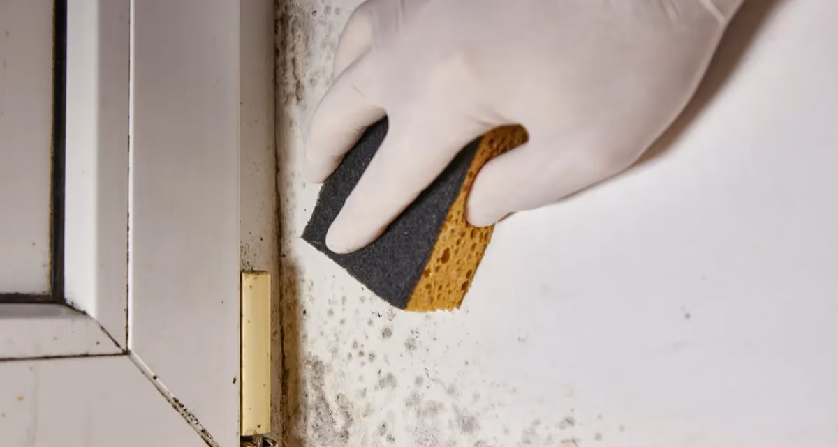 A person cleaning mould on the wall using a sponge