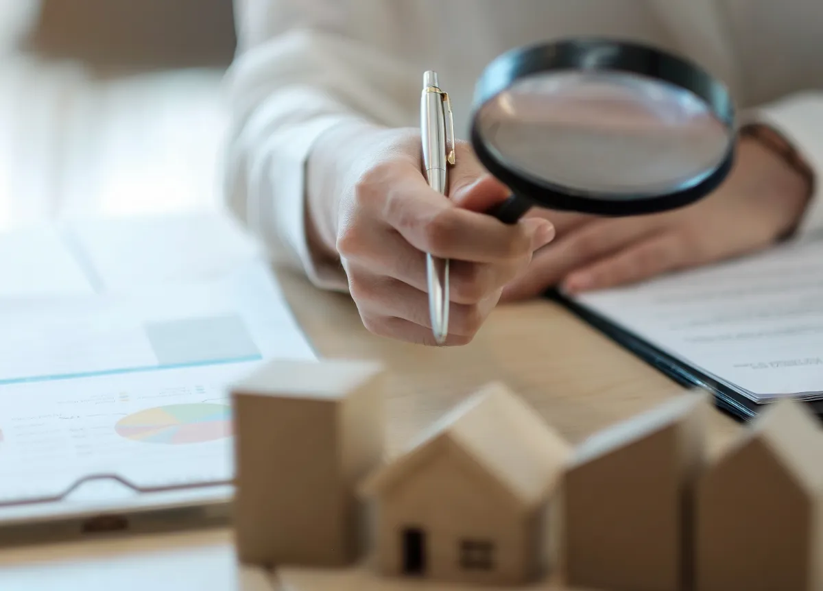 Magnifying glass inspecting models of houses