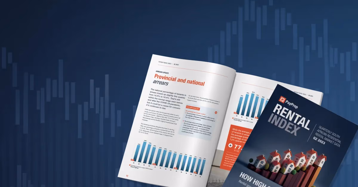 The front cover and inside of the PayProp Rental Index Q2 2023 on a blue background
