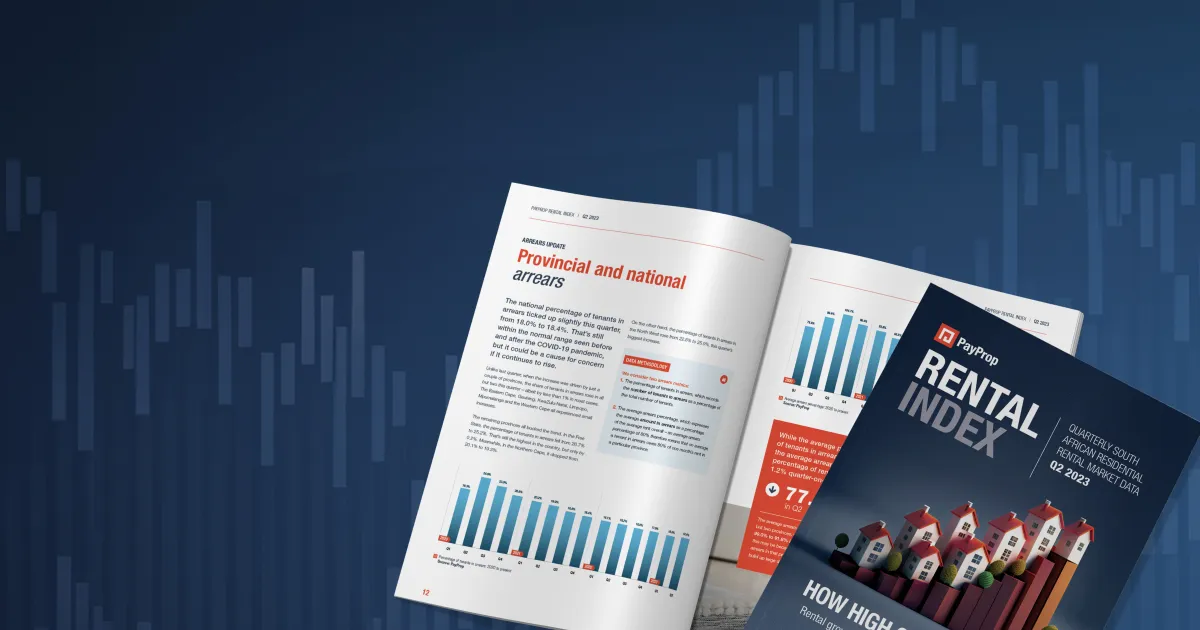 The front cover and inside of the PayProp Rental Index Q2 2023 on a blue background