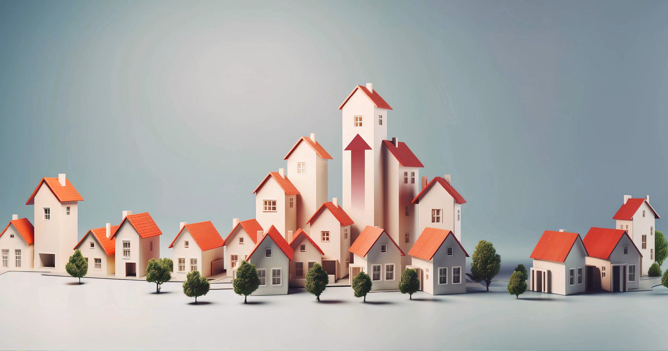 A group of houses forming an upwards arrow