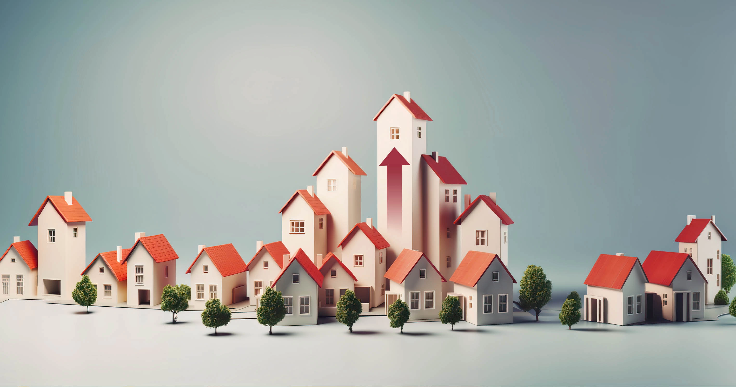 A group of houses forming an upwards arrow
