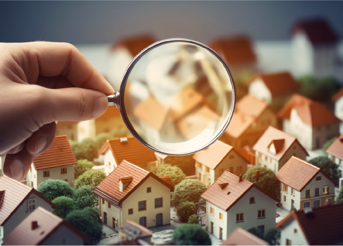 Hand holding magnifying glass at rows of houses