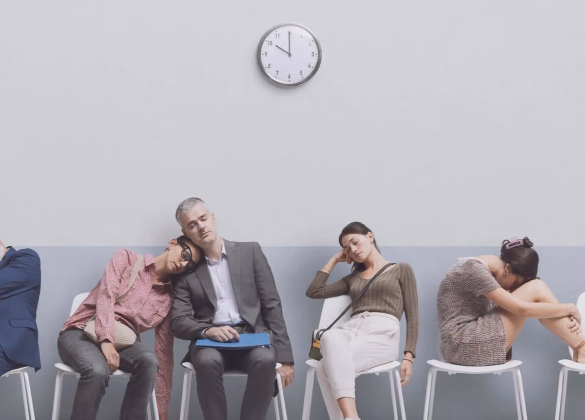 Exhausted people falling asleep in the waiting room