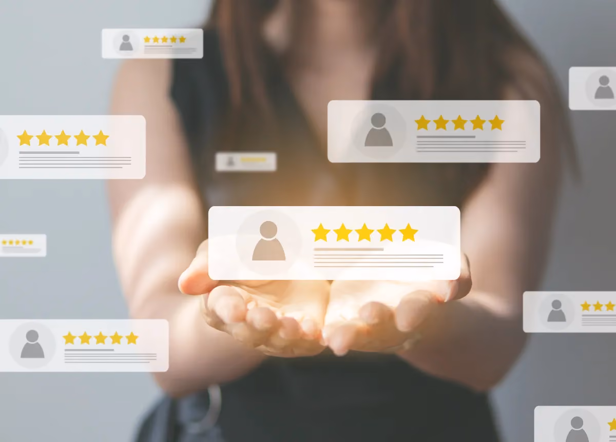 Woman reviewing multiple 5-star ratings