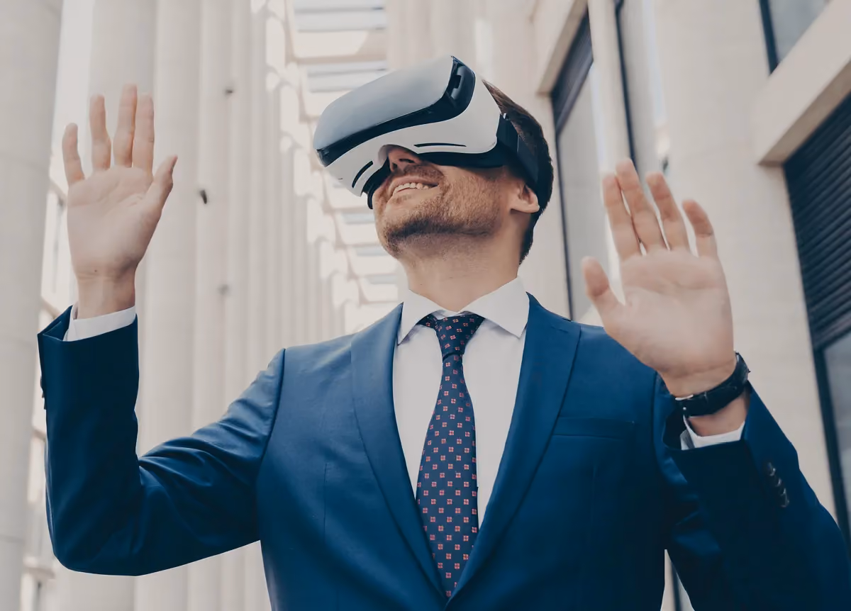 Businessman in suit wearing VR headset