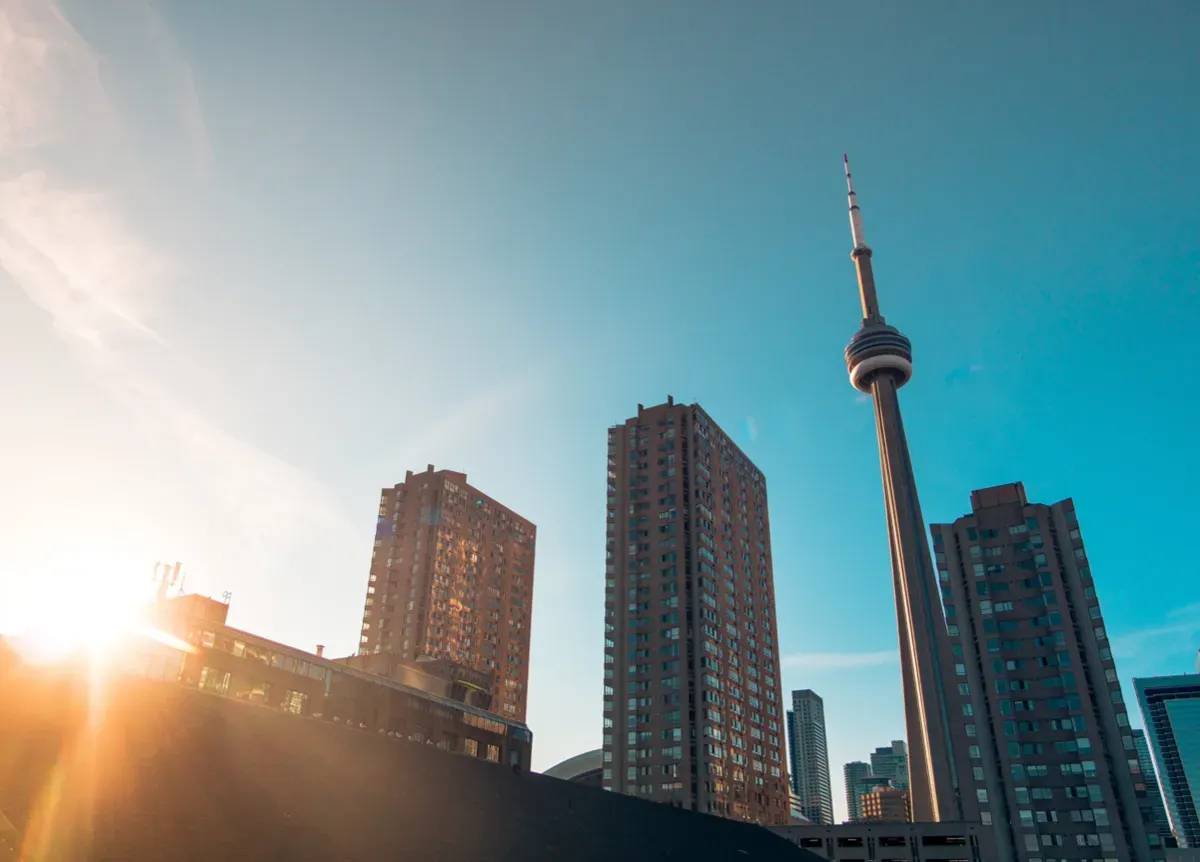 Low angle of the CN Tower and the Toronto skyline