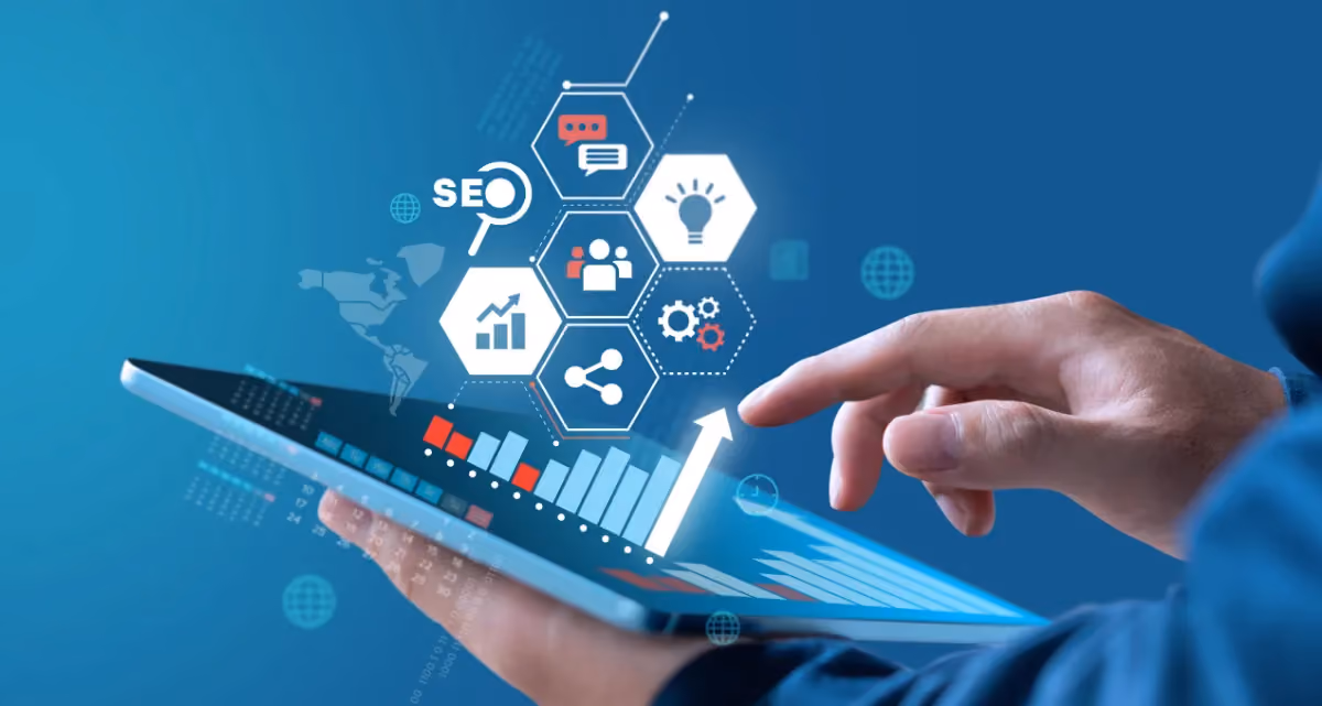 A person tapping a tablet screen with floating icons and graphs