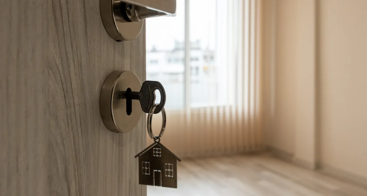 A key in the lock of an open door