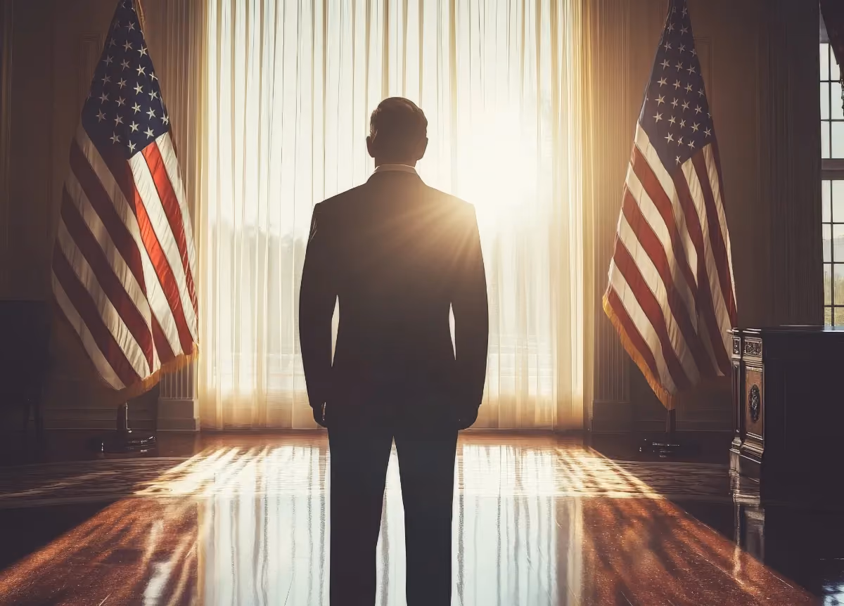 Silhouette of man standing next to American flags