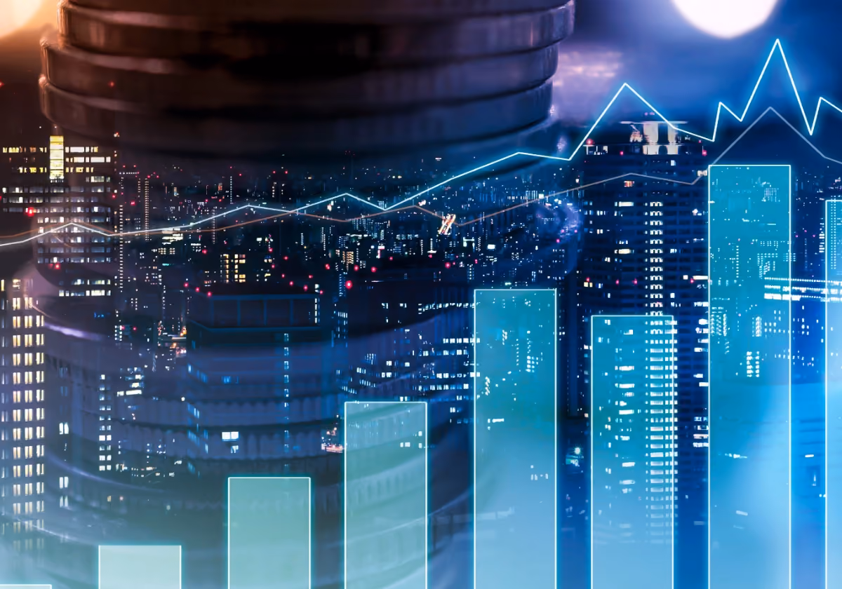 Upward-trending bar and line graphs overlayed on top of cityscape