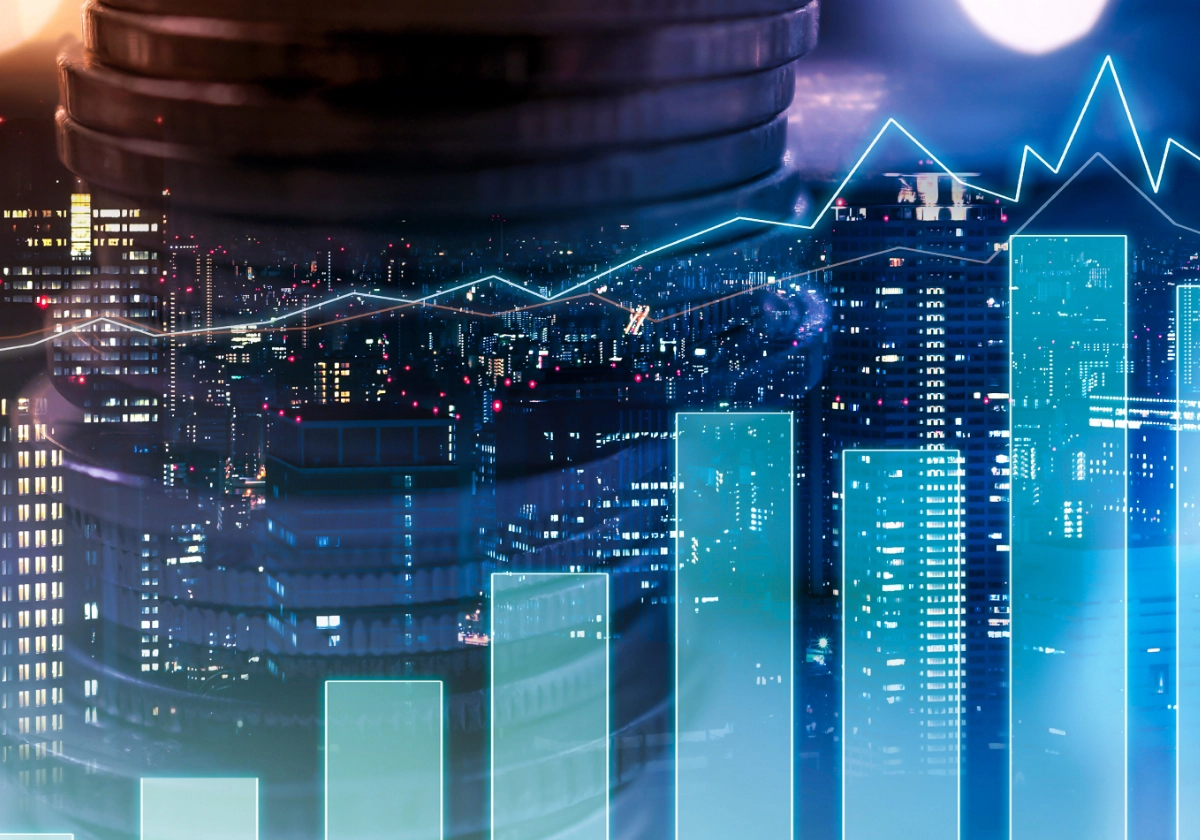 Upward-trending bar and line graphs overlayed on top of cityscape