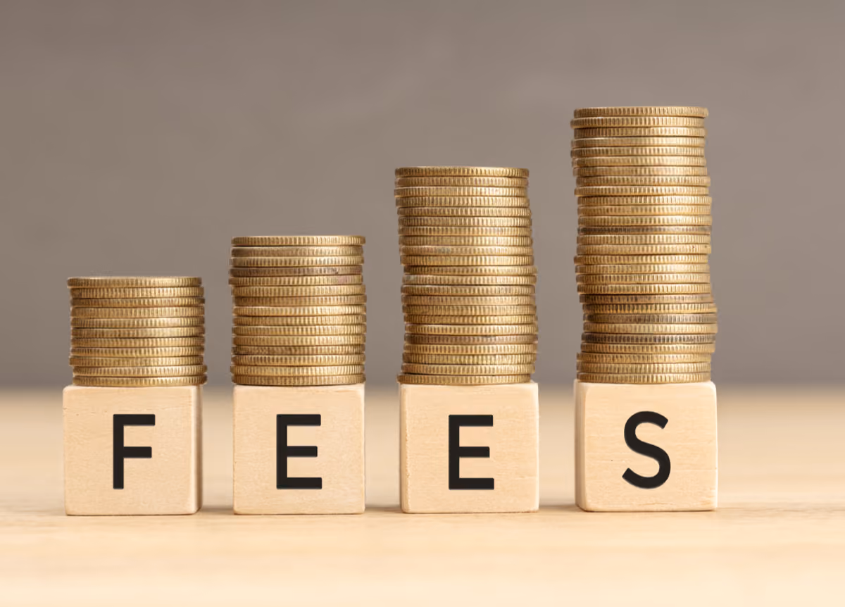 Word "fees" on wooden blocks with coins stacked in increasing stacks.