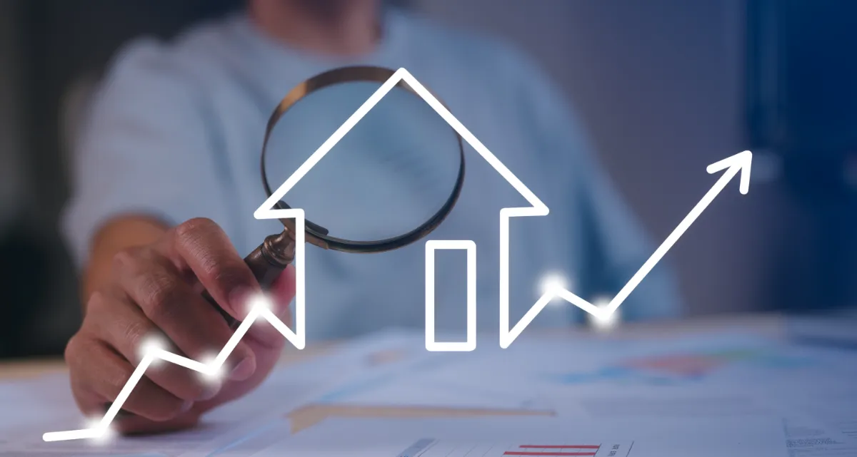 A graph line trending upwards and forming the shape of a house