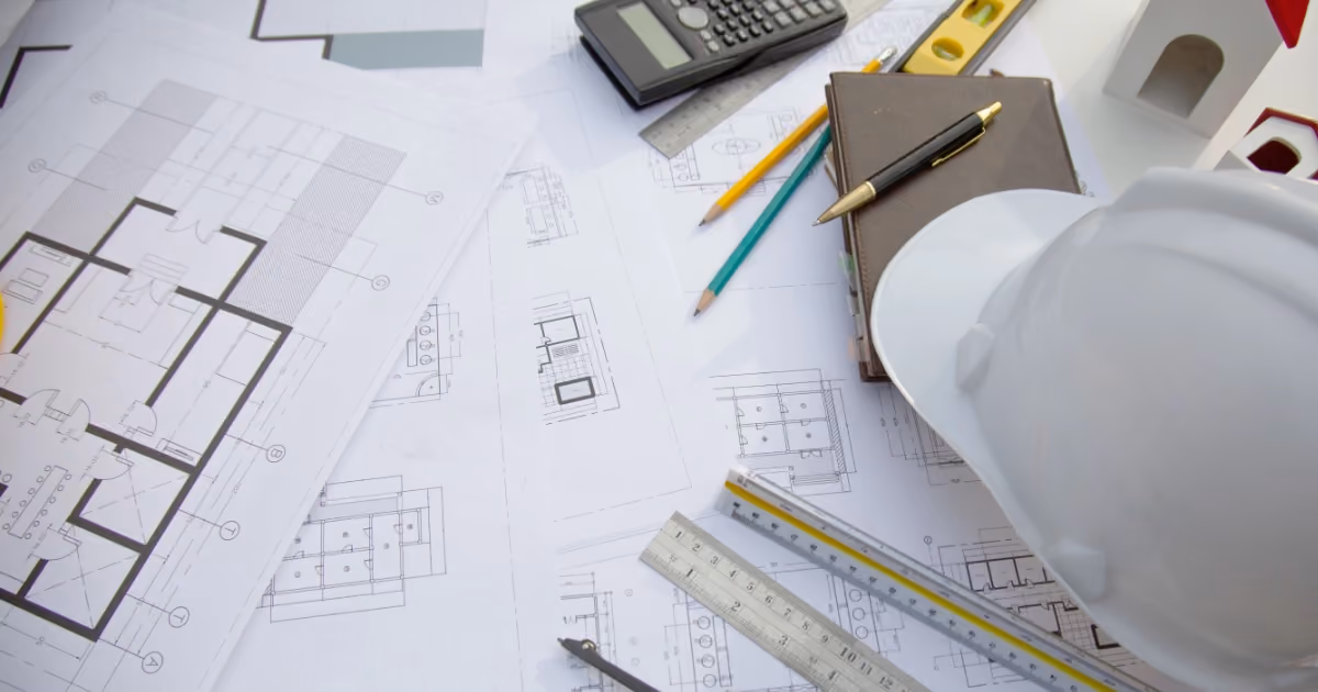 An architectural plan with a hard hat on top of it