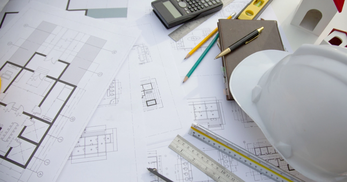 An architectural plan with a hard hat on top of it