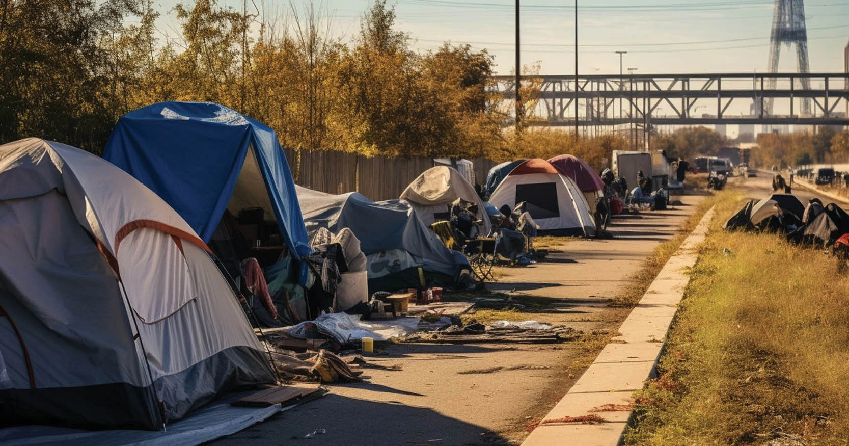 A row of tents along the side of a road
