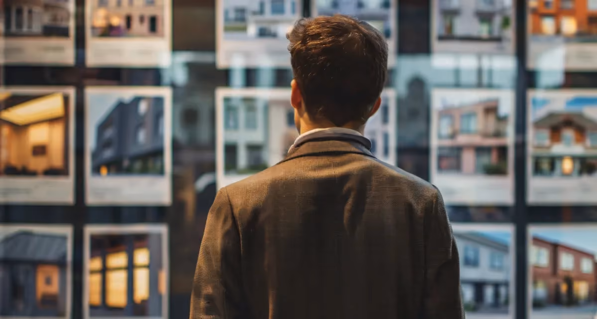 A man looking at listings in an estate agency window