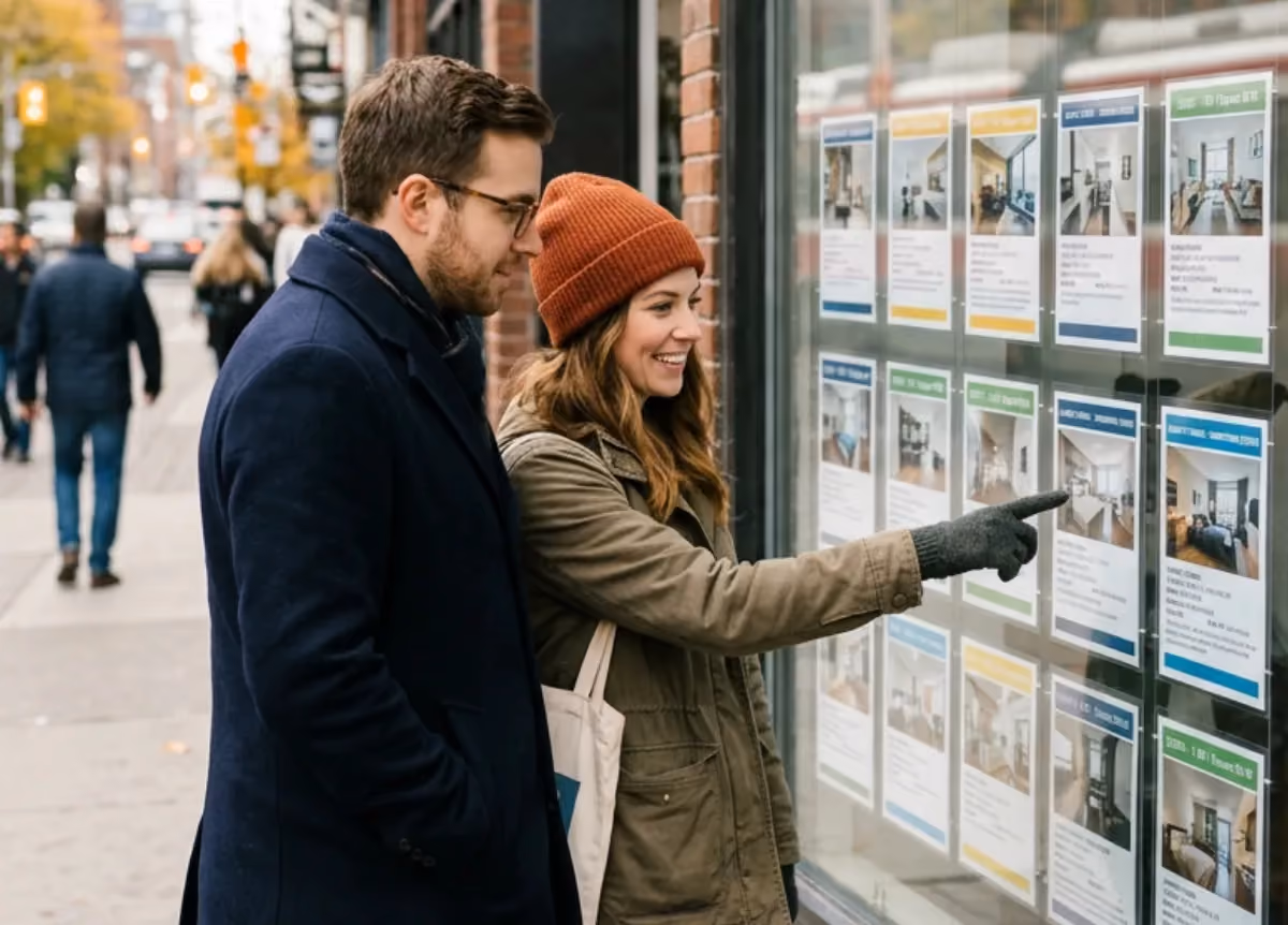 Man and woman reviewing real estate listings in window